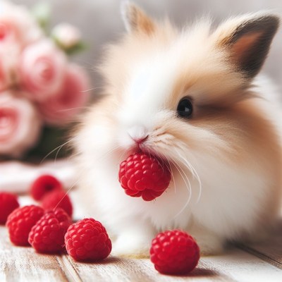 Fluffy bunny eating raspberries