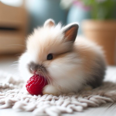 Fluffy bunny eating raspberry