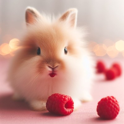 Fluffy bunny eats raspberries