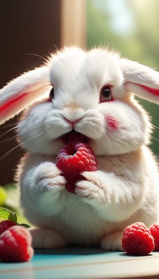 White rabbit eating raspberry