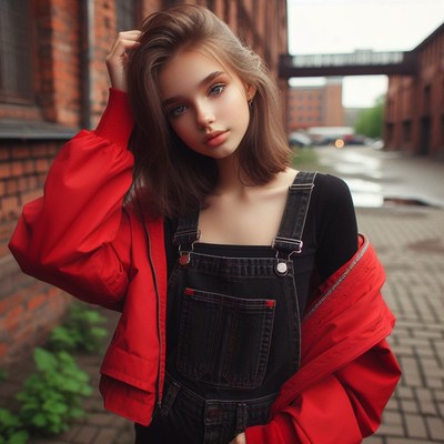 Woman in red jacket and overalls