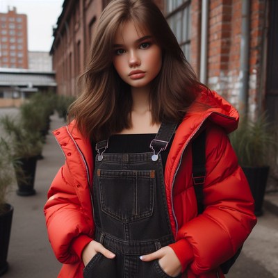 Young woman in red jacket and overalls