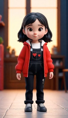 3d girl in red jacket and overalls