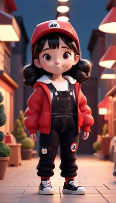 3d cartoon girl in red jacket on street