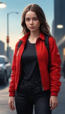 Young woman in red jacket urban street