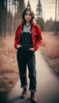 Young woman in overalls in forest