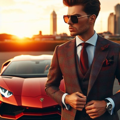 Man in suit with sports car at sunset