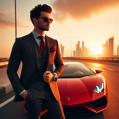 Man in suit and sports car at sunset