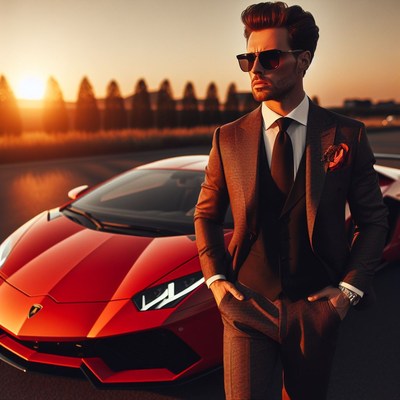 Man in suit standing by red sports car at sunset