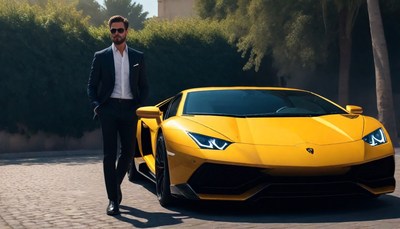 Man in suit walking past yellow sports car