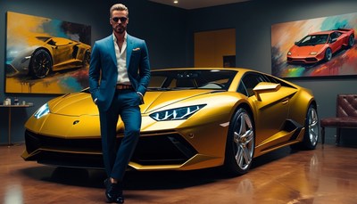Man leaning on gold lamborghini