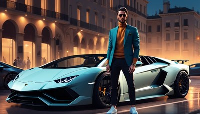 Man posing with sports car in city