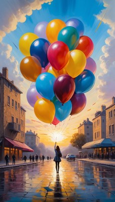 Woman holding balloons in city at sunset