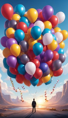 Man holding balloons at sunset