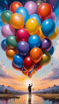 Man flying with balloons at sunset