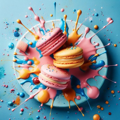 Colorful macarons in paint splatter