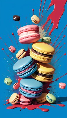 Colorful macarons falling into red paint