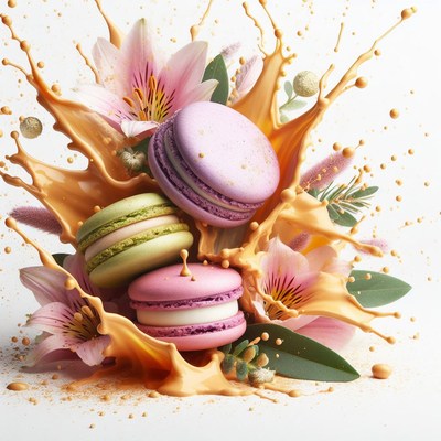 Macarons and flowers in orange splash