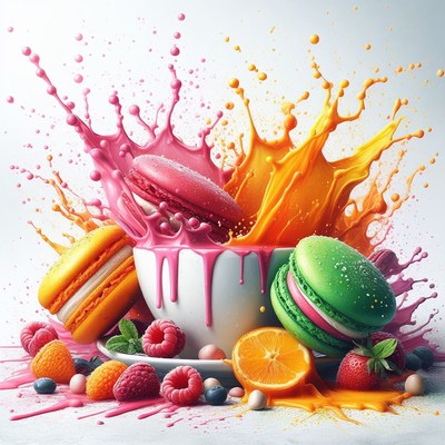 Colorful macarons and fruit splash