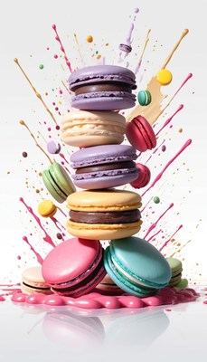 Colorful macarons with paint splashes