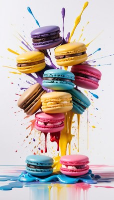 Colorful macarons in paint splatter