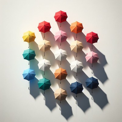 Colorful umbrellas on a white wall