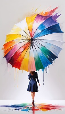 Woman walking under colorful umbrella