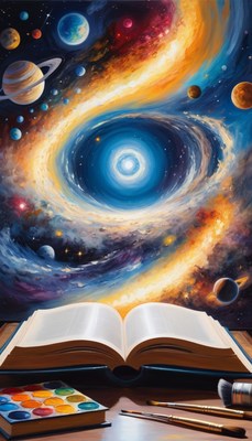 Open book with cosmic galaxy painting