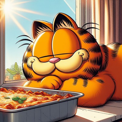 Garfield napping by window with lasagna