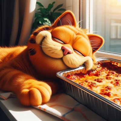 Garfield napping with lasagna