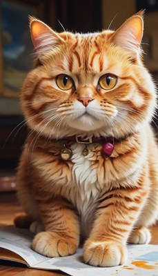 Orange tabby cat sitting on book