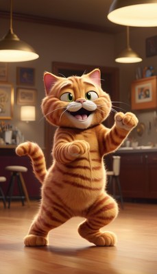 Animated cat dancing in a room