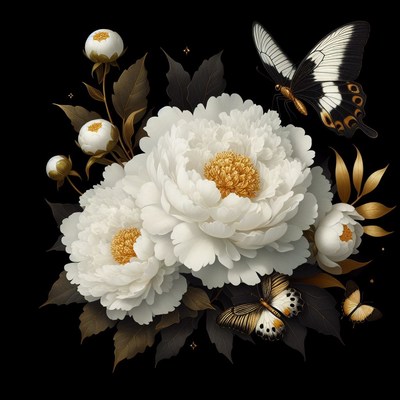 White peonies and butterflies on black background