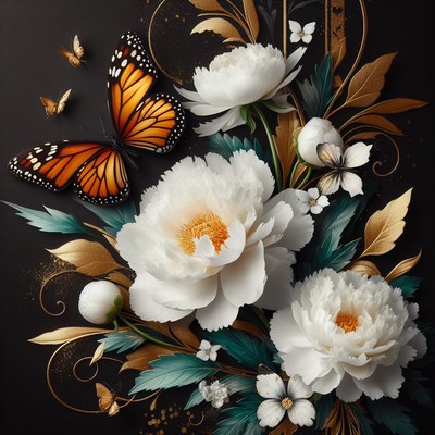 Butterfly and white peonies on black background