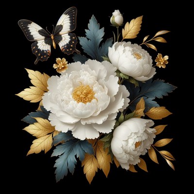 White peonies and butterfly