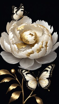 Golden butterfly on white peony