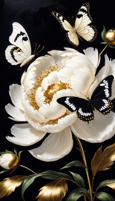 White peony and butterflies