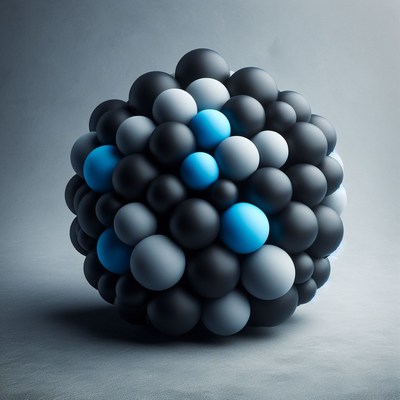 Abstract sphere of black, gray, and blue spheres
