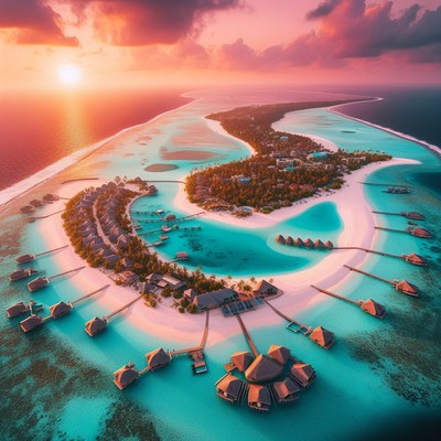 Tropical island resort at sunset