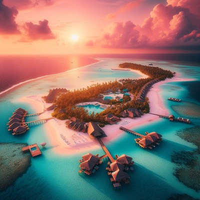 Tropical island resort at sunset