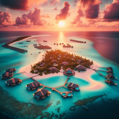 Tropical island resort at sunset