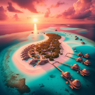 Tropical island resort at sunset