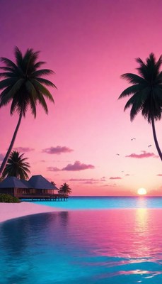 Tropical sunset over water villas