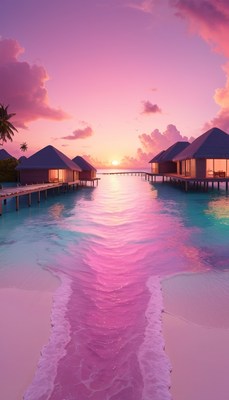 Tropical sunset over water villas