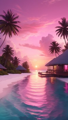 Tropical sunset over water villa