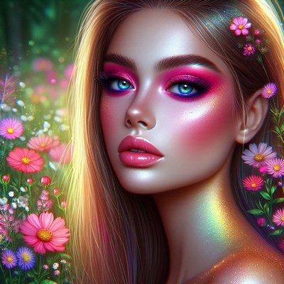 Woman with pink makeup and flowers