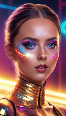 Woman with neon makeup and gold outfit