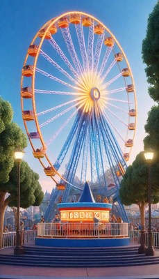 Ferris wheel at amusement park during sunset