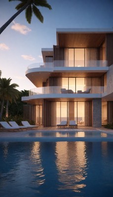 Modern beach house with pool at sunset