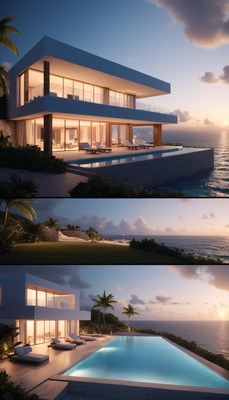 Modern oceanfront villa at sunset